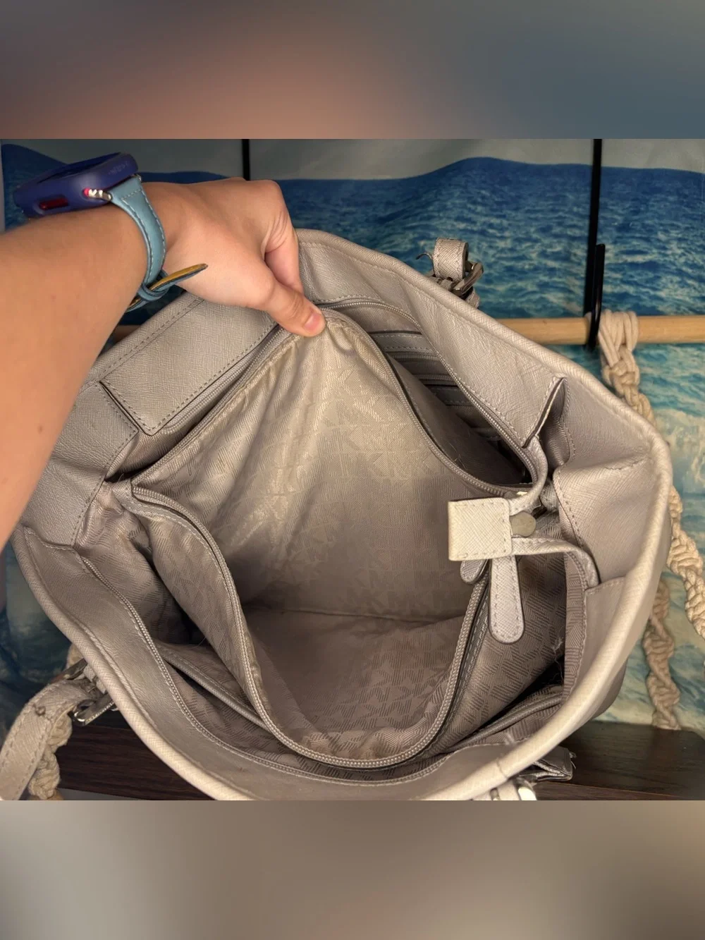 Michael Kors Leather Snap Pocket Tote Bag in Taupe Gray